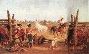 James Walker Vaqueros roping horses in a corral oil